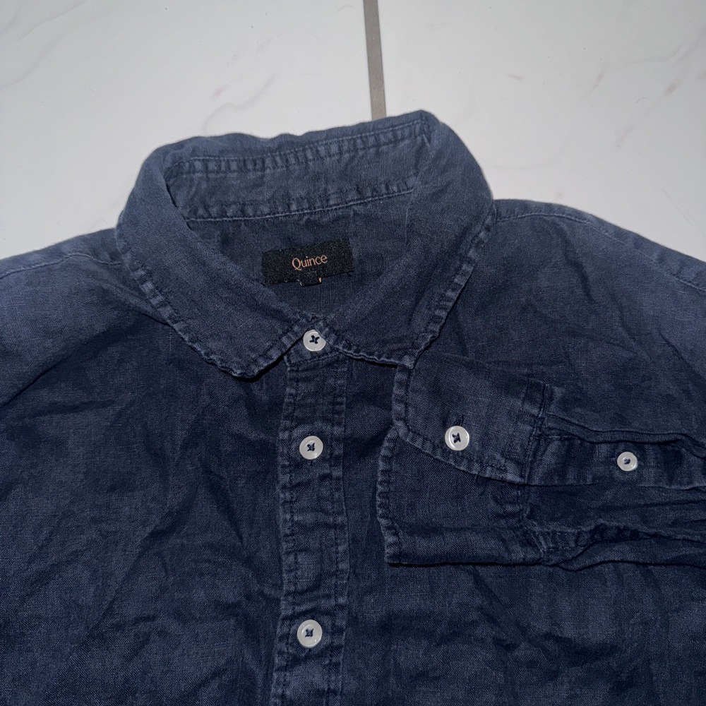 Quince Mens Blue 100% European Linen Long Sleeve Button Down Shirt Medium